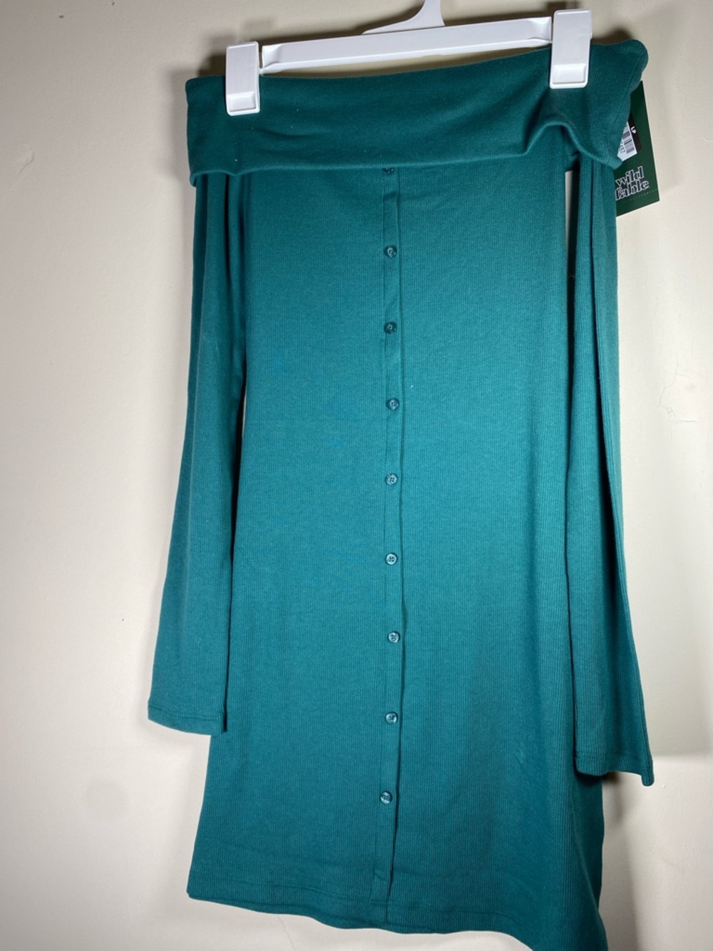 Long Sleeve Mini Bodycon Dress -Dark Teal Green Off Shoulder, Lightweight - Picture 3 of 6